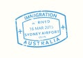 Australia passport stamp. Visa stamp for travel. Sydney international airport grunge sign.
